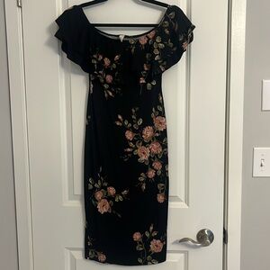 Hello Miss Black with Pink Flowers Off-the-Shoulder Dress, Size Small
